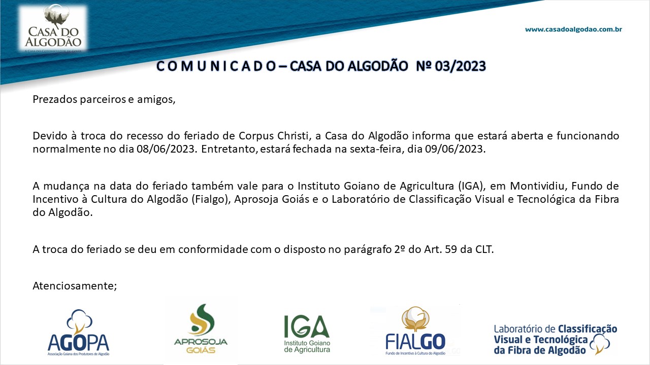 COMUNICADO CASA ALGODAO N 03.2023 TROCA DE FERIADO CORPUS CHRISTI 08.06.2023 REVISADO